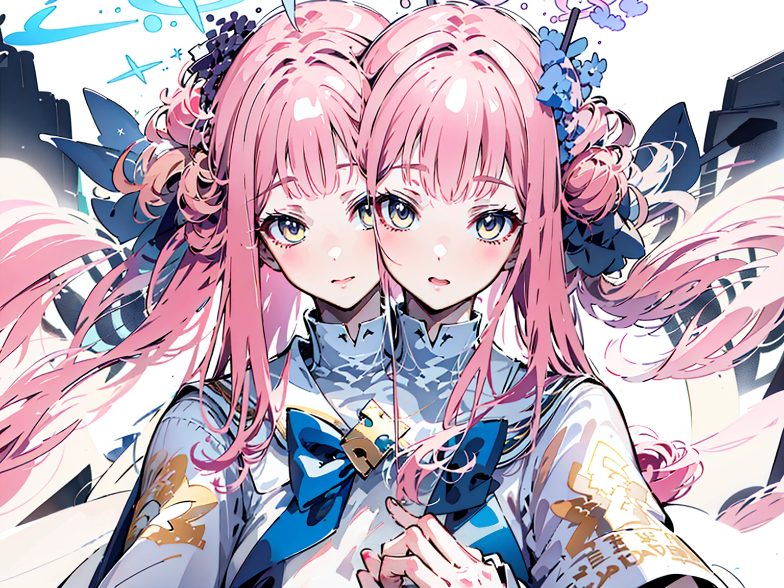 (masterpiece, best quality), best resolution, extremely close-up, symmetrical, mika(blue archive), 1girl, solo, (2heads:1.5), cheek-to-cheek, pink hair