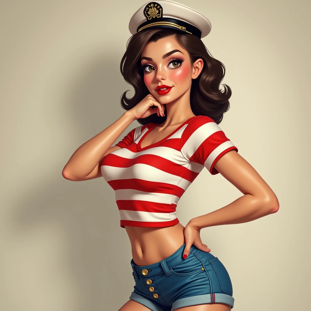  Isabella dressed like a pin-up girl with a tight t-shirt with white and red stripes, a Marino hat ,  tight blue shorts with silver buttons on the front  