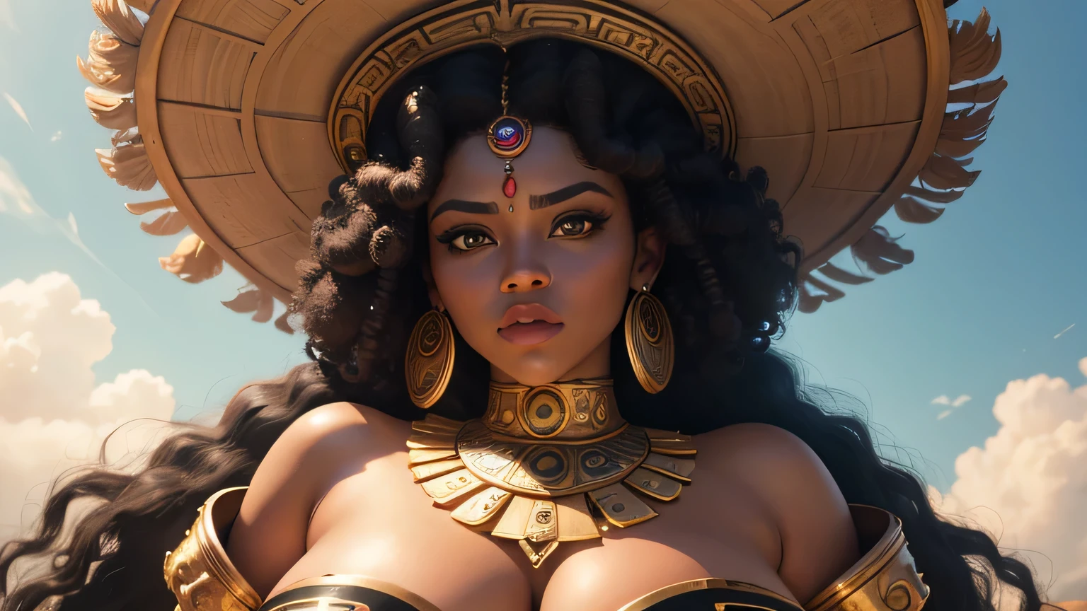 ((( Picture of half of the upper body))), Highly detailed face and skin texture, Large green eyes, juicy lips, bimbo lips, pele morena, (black afro curly hair), (pele morena), detailed eyes, double eyelids , black afro curly hair, gold metal cyberpunk ribbons, metal necklace, futuristic gold metal, AFRICANA, tribal armor, dressed in feathers and plumes on her head, princesa AFRICANA deslumbrante, Aztec warrior goddess, portrait of aztec princess, rainha AFRICANA, wide hips , thick thighs, standing up pose, Whole body, huge breasts,a close up of a woman in lingerie posing in two different poses, concept art by senior character artist, art-station, conceptual art , thicc, seductive anime, a close up of the breasts .