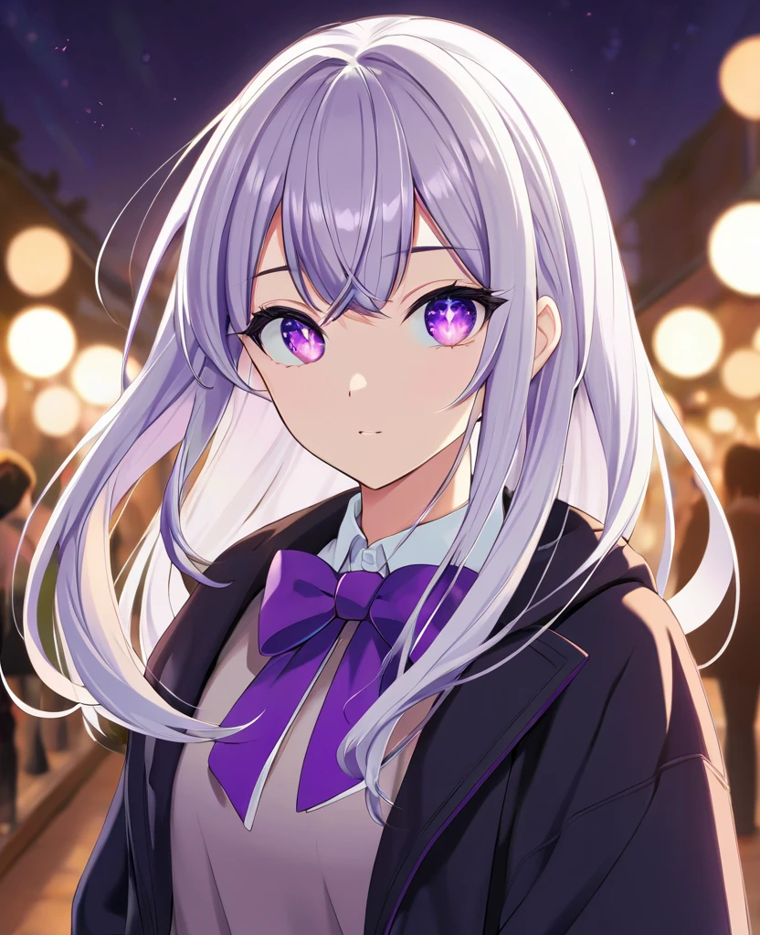 Image is a digital illustration in an anime style, featuring a young female character with long, flowing silver hair adorned with a large purple bow on the right side. She has heterochromatic eyes, one green and one purple, which are large and expressive. Her skin is fair and smooth, typical of anime character design. She is wearing a black puffer jacket over a purple sweater with a white collared shirt underneath, complemented by a black ribbon tied in a bow at the collar. The background is softly blurred with warm, glowing lights, suggesting an evening or nighttime setting. The overall composition is centered, focusing on the character's face and upper body, with a gentle, warm color palette enhancing the serene and inviting atmosphere of the scene.