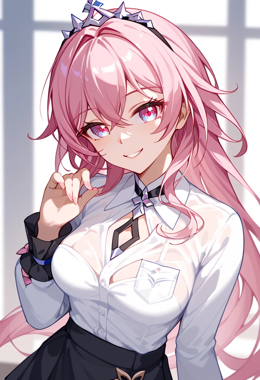 honkai star rail inspired 、25 year old woman、medium breasts、slender body、random pose,random expression、sexy Lip、random mouth,Translucent skin， the skin is fair 、Moist eyes、Gentle eyes、Gentle look, Alone, smile,close mouth,
BREAK
Business shirts、black Skirt、office、open eyes,pink hair