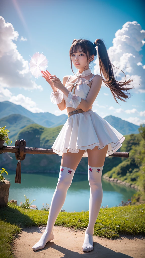 sexy wizard、Floating in the air and shooting magic、Very beautiful Japanese gravure idol、very stylish、Very long legs like Korean idols、very big