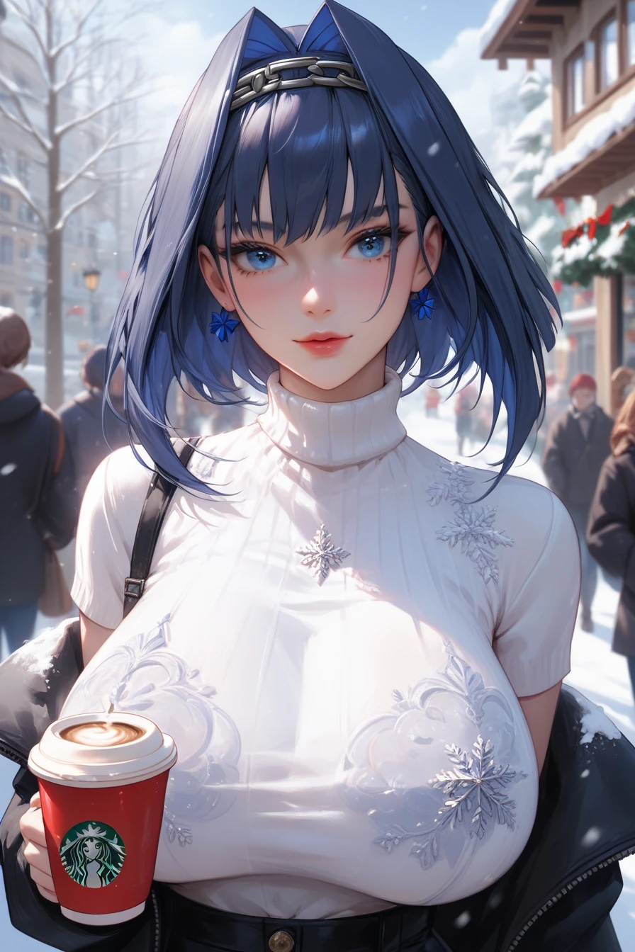 hololive, Ouro Kronii ,  blue eyes , short blue hair,  huge breasts,  elegant translucent white shirt, open winter cover , sitting, French coffee shop ,  background of people walking in a French Quarter, Close up image, focus on the face, th3rm4l , colorful, thermal , Score_9, Score_8_up, Score_7_up a hyper-realistic and ultra-detailed photo of a beautiful girl, ultra-realistic, perfect eyes, upper body, snowy, Christmas,