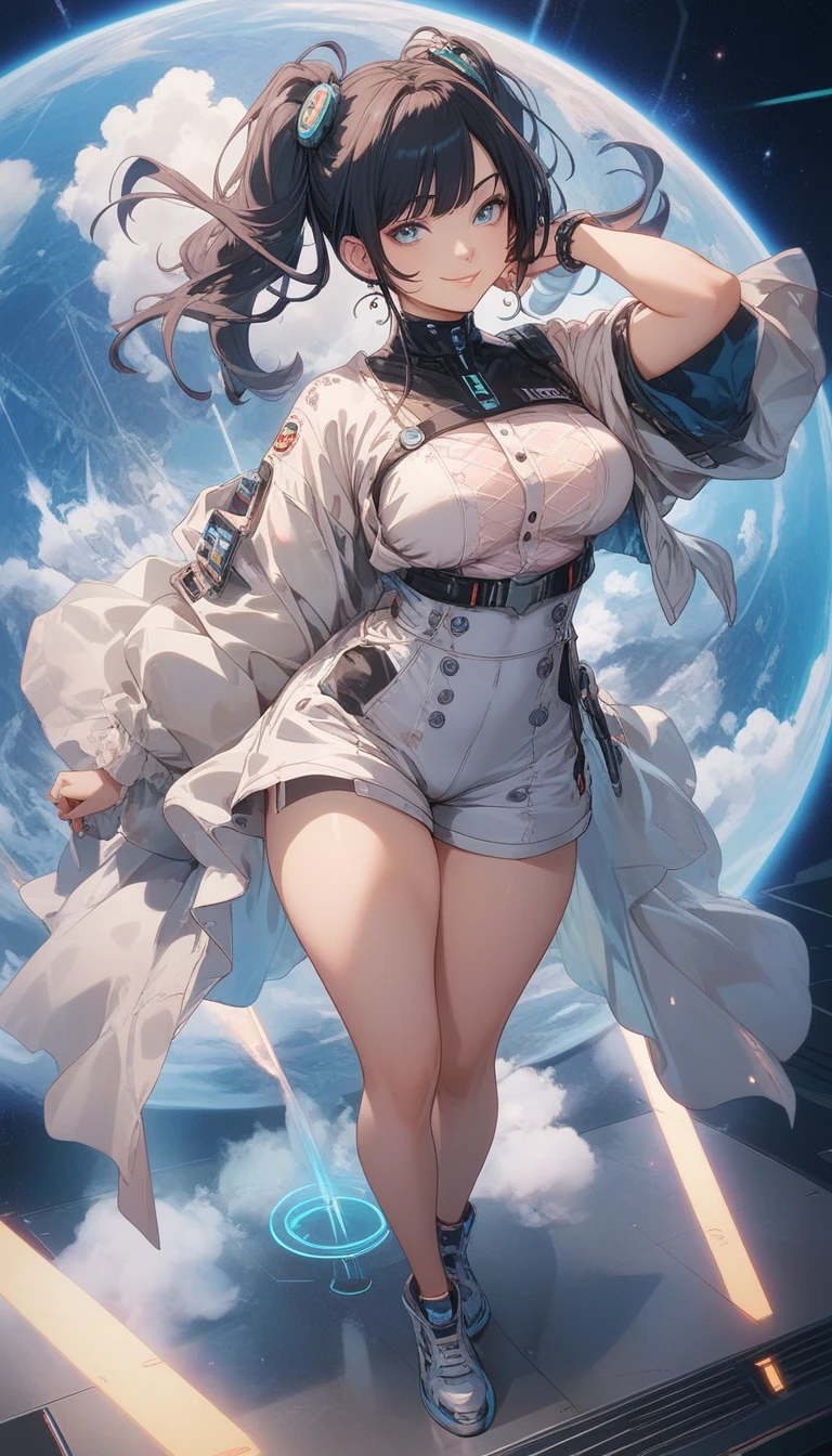 (((Towering over you)))), giant woman with provocative crop top, red hair, smiling badly, standing on a planet in space with her whole body in sight, socks without the heel part, heel off socks, socks with heel exposed, heel exposed, wearing a cape, cape over the shoulders, white colored clothing, planets, short hair, Bob Hair With Bangs, looking at the viewer, seen from below wearing a cape, torn sock on heel, heel skin exposed, heel, torn sock, bangs bob hair, detailed heel