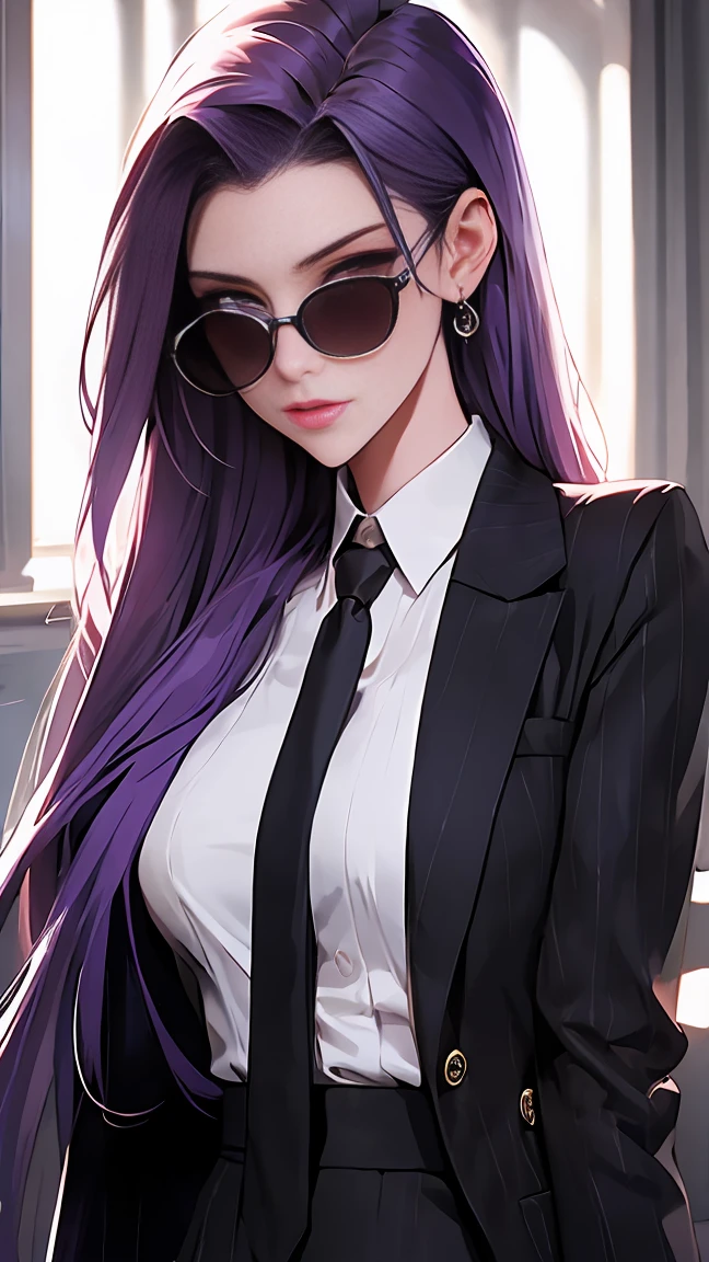 highest quality,masterpiece,High resolution,only,{Black business suit:1.40},{tie:1.20},{sunglasses:1.25},{White gloves:1.15},{ White shirt:1.10}, {Black Skirt:1.15}, good looking, {Medusa_FGO:1.15}, length_hair, purple_hair, very_length_hair, purple_eye, chest, big_chest