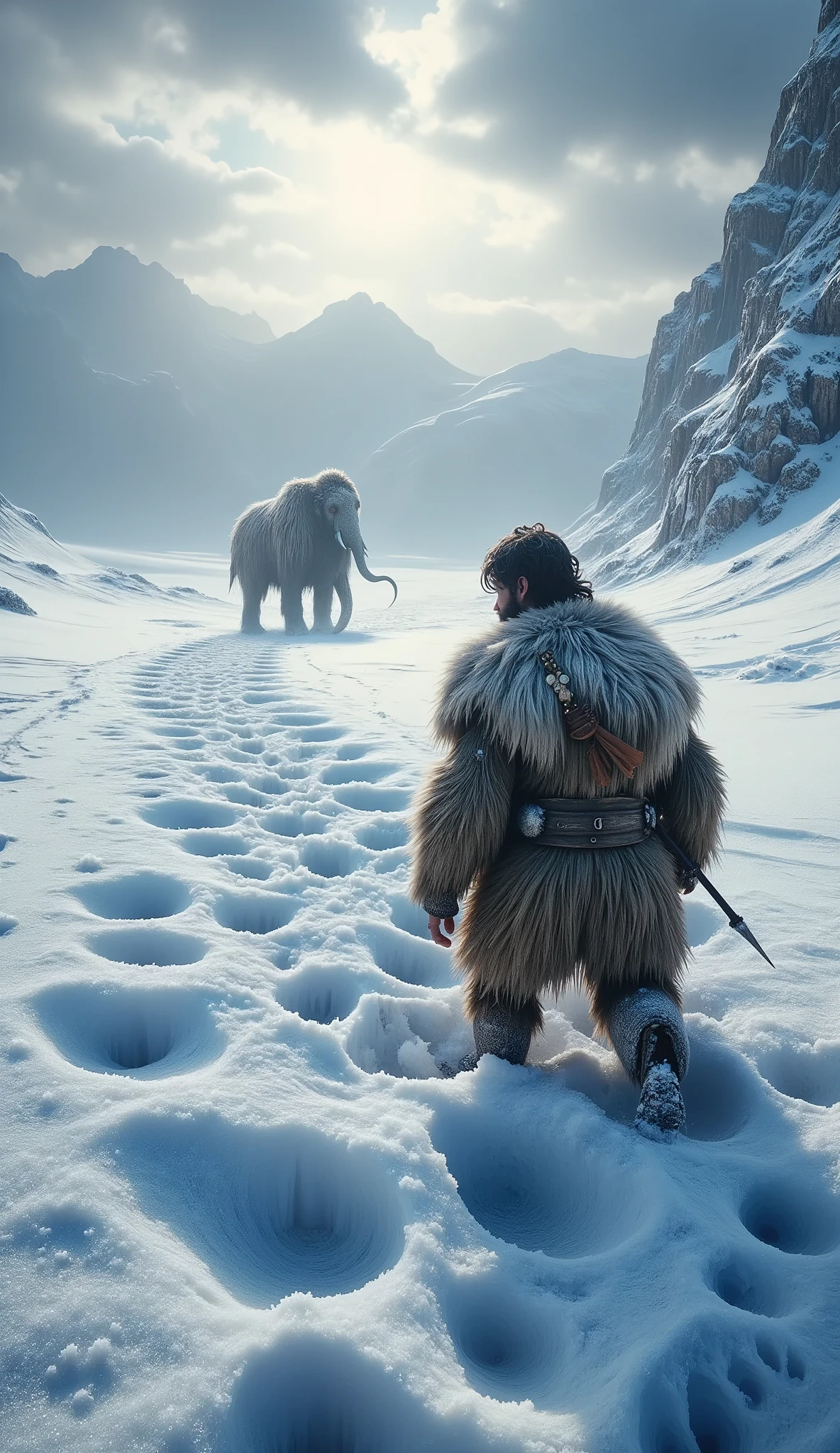 a prehistoric hunter in fur clothing, following mammoth footprints in the snow the mammoth is in the distance, the footprints are sharp in the snow: 1.51, he is with his back to the camera with his spear, crouching looking at the mammoth footprints: 1.5, detailed environment, realistic, photorealistic, photorealistic: 1.37, best quality, 4k, 8k, high resolution, masterpiece: 1.2, ultra detailed realistic snow texture, detailed snowscape, dramatic lighting, cinematic compositing, (best quality, 4k, 8k, high resolution, masterpiece: 1.2), ultra detailed, sharp focus, (realistic, photorealistic, photorealistic: 1.37), dramatic lighting, moody lighting, cinematic lighting, chiaroscuro lighting, dramatic shadows, dramatic moments, vivid colors, intense colors, deep contrast, cinematic depth of field, cinematic composition, cinematic camera angle