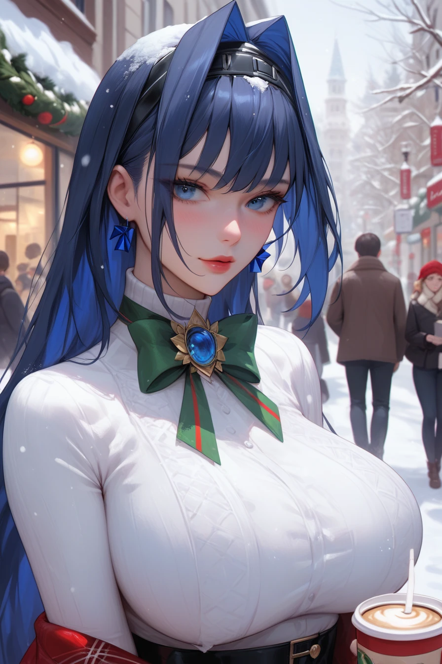 hololive, Ouro Kronii ,  blue eyes , short blue hair,  huge breasts,  elegant translucent white shirt, open winter cover , sitting, French coffee shop ,  background of people walking in a French Quarter, Close up image, focus on the face, th3rm4l , colorful, thermal , Score_9, Score_8_up, Score_7_up a hyper-realistic and ultra-detailed photo of a beautiful girl, ultra-realistic, perfecteyes, upper body, snowy, Christmas,