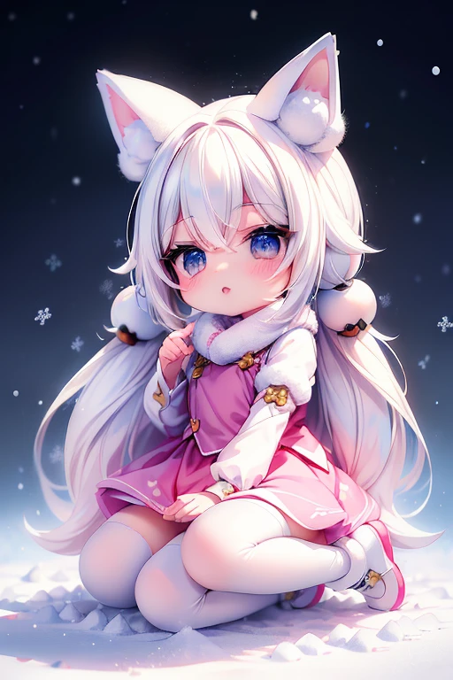 (( top quality)), (( masterpiece )),((Footprints in the snow:1.3))，1 girl walking， kitsune，  anime manga girl， the littracter 、White hair color，Fox Ears ， fox tail ， cute expression ，Professional photography， wide angle， Slightly Upward Angle ， high definition ，