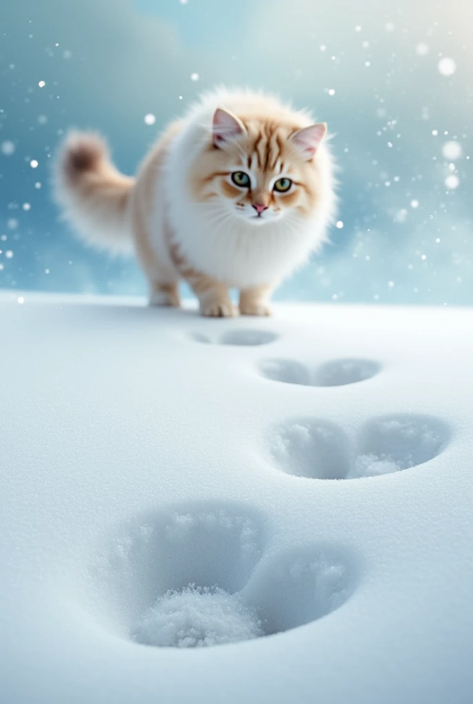 Cat paw prints clearly visible in the fluffy snow, Cat looking back, This is cute fantasy art that looks like a fairy tale picture book, artistic photography, hyper realistic, ultra detailed, absolutely resolution, masterpiece