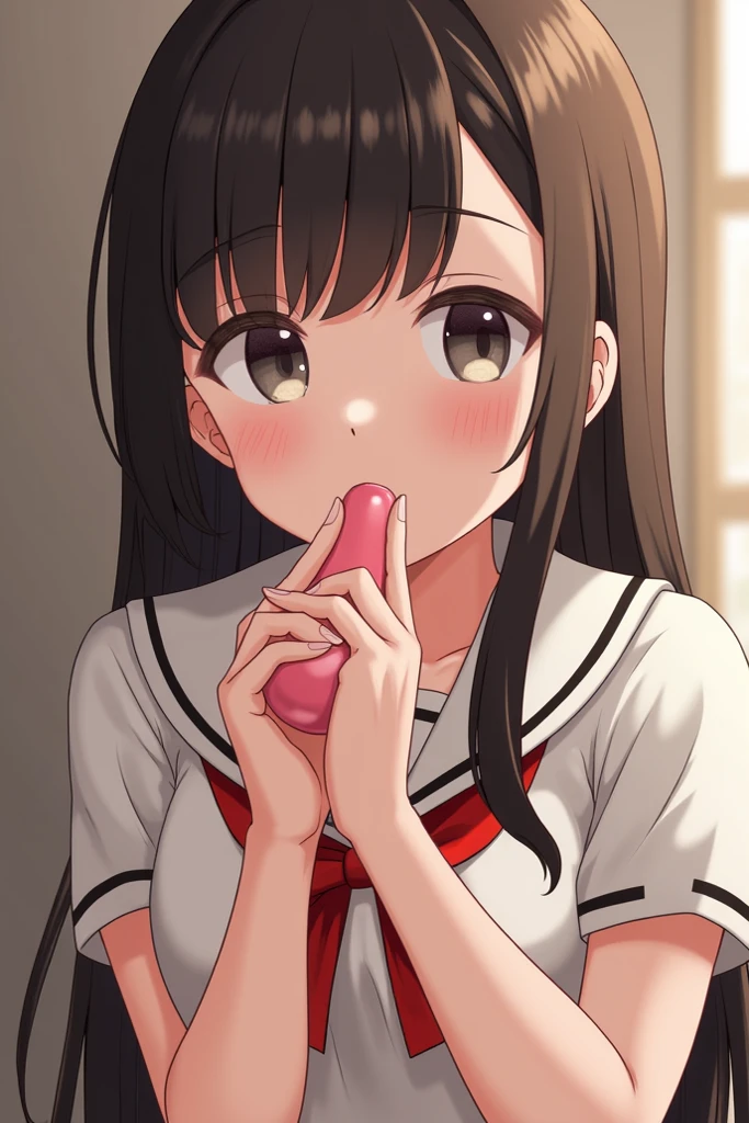 ((masterpiece,best quality)),high resolution, highly detailed,8k,16k,detailed background, perfect lighting,1girl, nsfw,embarrassed,blush, looking up,show off nipple,steam,sweat,confused,watery eye ,(close up face,open mouth,oral:1.1),(pov:1.3),tongue out,(from above),(from front:1.3),kneeling,tear,long hair,perfect fingers,(slender1.2),fu tao,twintail,(flat chest:1.2),short stature,flower shaped pupils,short stature,over size head,schoo sailor,classroom