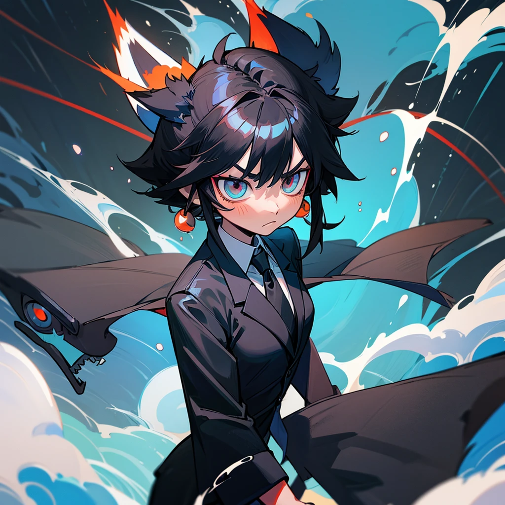 (Rimuru tempest, fox ears, black hair, masculine black business suit, short, serious face, tie)