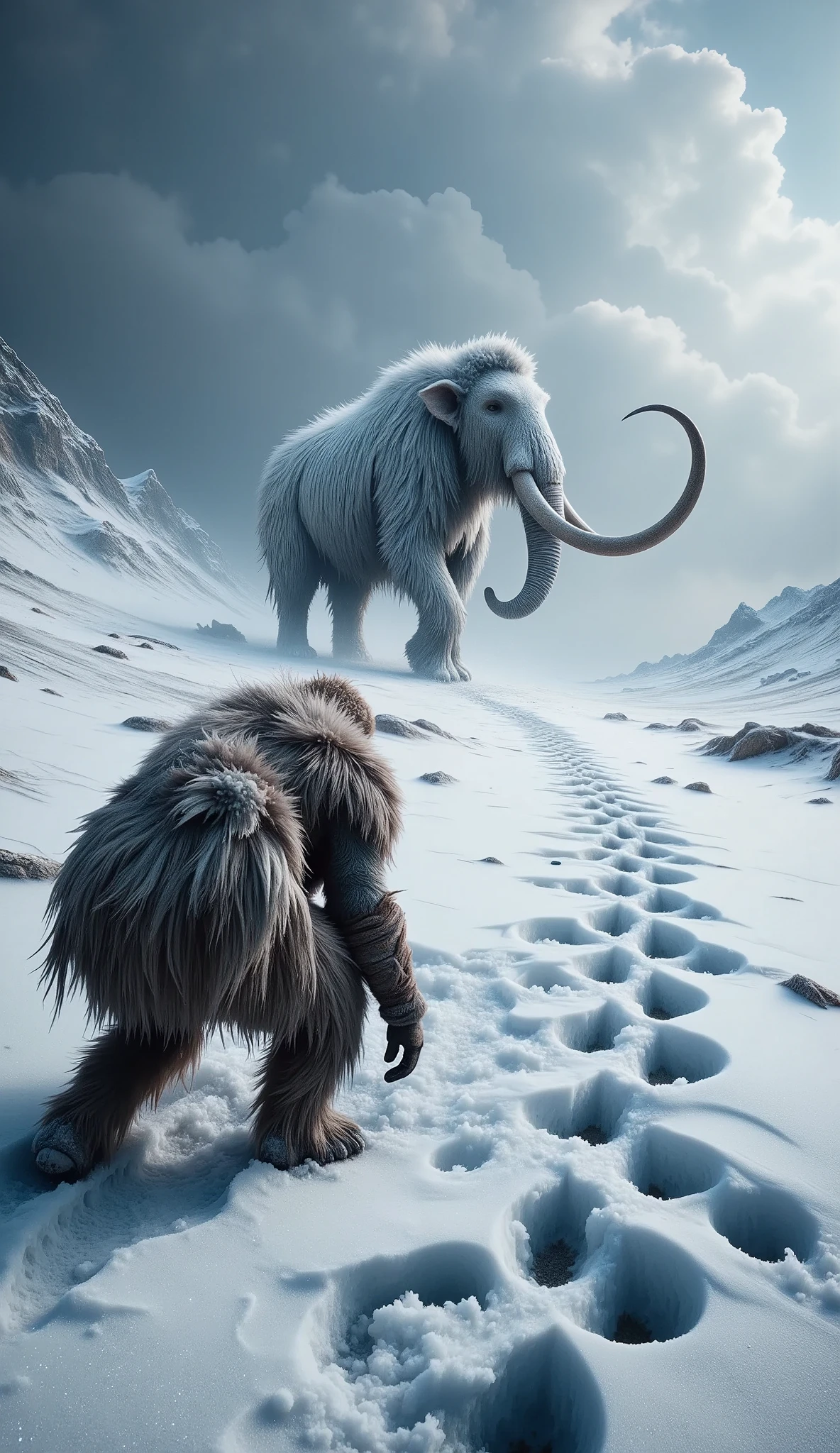 a prehistoric hunter in fur clothing, following mammoth footprints in the snow the mammoth is in the distance, the footprints are sharp in the snow: 1.51, he is with his back to the camera with his spear, crouching looking at the mammoth footprints: 1.5, detailed environment, realistic, photorealistic, photorealistic: 1.37, best quality, 4k, 8k, high resolution, masterpiece: 1.2, ultra detailed realistic snow texture, detailed snowscape, dramatic lighting, cinematic compositing, (best quality, 4k, 8k, high resolution, masterpiece: 1.2), ultra detailed, sharp focus, (realistic, photorealistic, photorealistic: 1.37), dramatic lighting, moody lighting, cinematic lighting, chiaroscuro lighting, dramatic shadows, dramatic moments, vivid colors, intense colors, deep contrast, cinematic depth of field, cinematic composition, cinematic camera angle