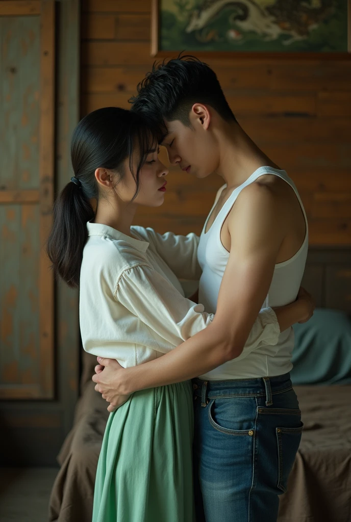 masterpiece,highest quality,Advanced Details,1 male,1 female,((Vacant rooms:1.4))、((Japanese woman with straight medium-long hair:1.4)),18-year-old female:1.7、((A woman wearing a white open-front short-sleeved off-the-shoulder shirt and a denim miniskirt:1.4)),Japanese middle-aged 1 male,Man with short black hair,That man is very handsome,((A man hugs a woman'Shoulder 1.4)),The Woman is short,The man is tall,Reflects the height difference between men and women,The Woman'Height is 160cm.,The man is 175cm tall..,((They are both standing in the Vacant Rooms:1.5))、Women play a leading role、Women are skinny,Small breasted women、