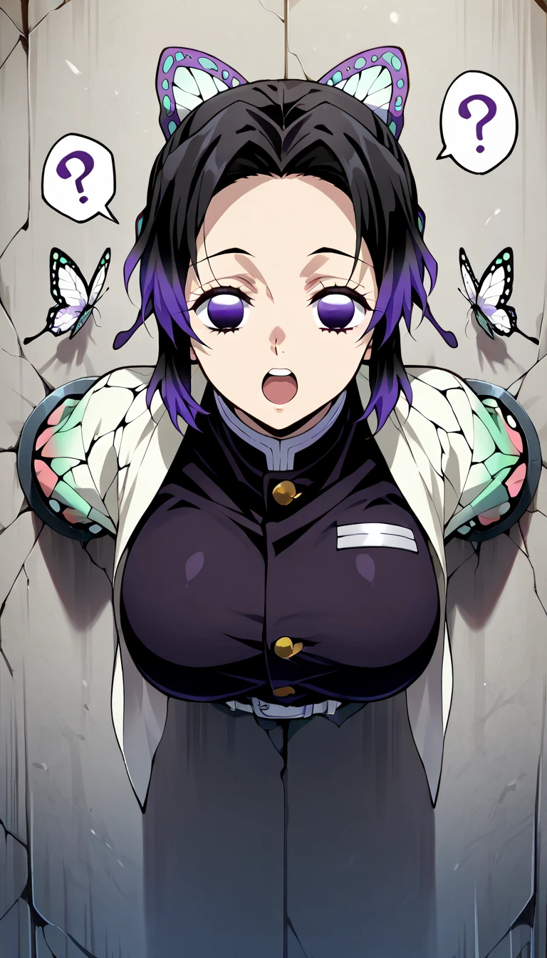 score_9, score_8_up, score_7_up, score_6_up, score_5_up, score_4_up,source_anime,  1girl, solo,  (shinobu kochou, animal print, black hair, butterfly, butterfly hair ornament, butterfly print, forehead, gradient hair, hair ornament, haori, multicolored hair, parted bangs, purple hair, short hair, two-tone hair, demon slayer uniform, haori, japanese clothes, uniform), large breast,　afraid , (spoken question mark:1.2), troubled eyebrows,   (glory wall:1.4),through wall, stationary restraints, (upper body:1.3), restrained, stuck,  (movement lines:1.2), (impact lines:0.8), (extremely moaning:1.2),   front view