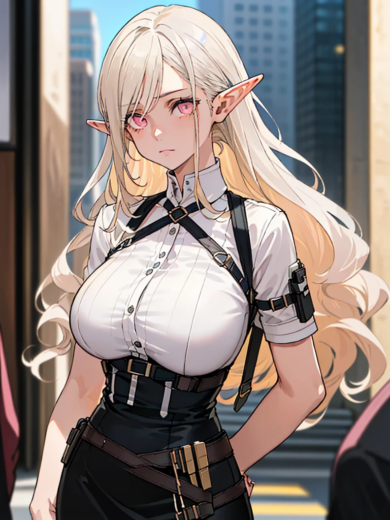 ((SFW)), ((head-to-waist portrait)), ((solo)). ((1girl, youthful girl, elf girl)), ((pink eyes, silver eyes, pink-silver eyes, beautiful eyes, expressive eyes, calm expression, serene expression, neutral expression, slight smile, beauty spot, high-quality eyes, pointed ears, pointy ears, elf ears, long pointed ears)), ((blonde hair, pale blonde hair, long hair, wavy hair, curly hair, messy hair, swept bangs, uneven bangs, stylish hair, uneven hairstyle, asymmetrical hairstyle)), ((slim:1.3, slender:1.3, thin:1.3, enormous breasts: 1.5, huge breasts:1.4, large breasts:1.3, big breasts:1.2, round breasts:1.5 heavy breasts:1.5)), ((office lady, stylish outfit, elegant outfit, tactical outfit, black suit, skirt suit, white blouse, black tie, ((shoulder holster, holster, harness, chest harness)), black skirt, pencil skirt, High-waisted skirt, tactical clothes)). ((Anime)), ((high quality, masterpiece, 32k, detailed face, detailed eyes, detailed hair, detailed outfit)), ((anime)), (realistic proportions), (good anatomy), cinematics, outdoors, outside, city, street, cinematic lighting, perfect lighting, depth of field