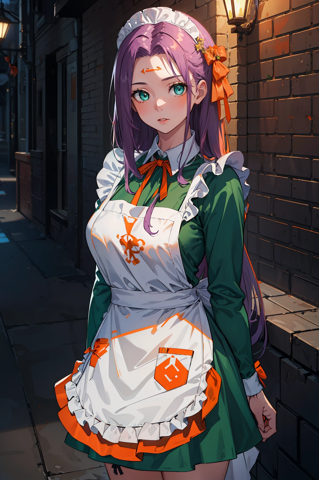 1girl,solo,good looking, {Medusa_FGO:1.15}, length_hair, purple_hair, very_length_hair, purple_eye, chest, big_chest
BREAK ((green long sleeve dress, white apron, orange neck ribbon:1.5))
BREAK looking at viewer, ((HANDS BEHIND BACK:1.5)) ,
BREAK (masterpiece:1.2), best quality, high resolution, unity 8k wallpaper, (illustration:0.8), (beautiful detailed eyes:1.6), extremely detailed face, perfect lighting, extremely detailed CG, (perfect hands, perfect anatomy),