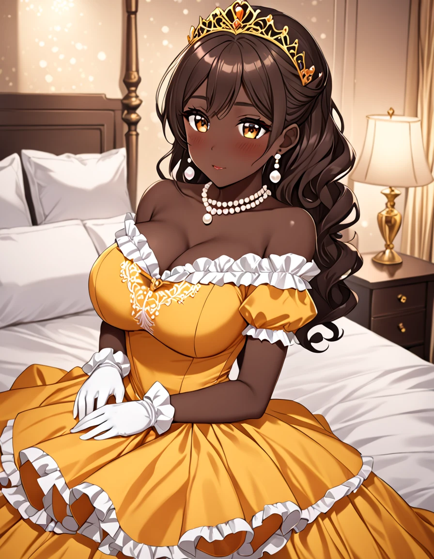 1girl, solo, masterpiece, best quality, (anime art style:1.0), very dark skin, round breasts, long princess ballgown, yellow dress, long frilly sleeves with frills at the ends of them, pearl necklace, pearl earrings, sparkly dress, laying on a bed seductively, white frilly gloves, yellow and orange tiara with jewels in it, blushing, brown eyes, off the shoulder dress, bedroom background/landscape