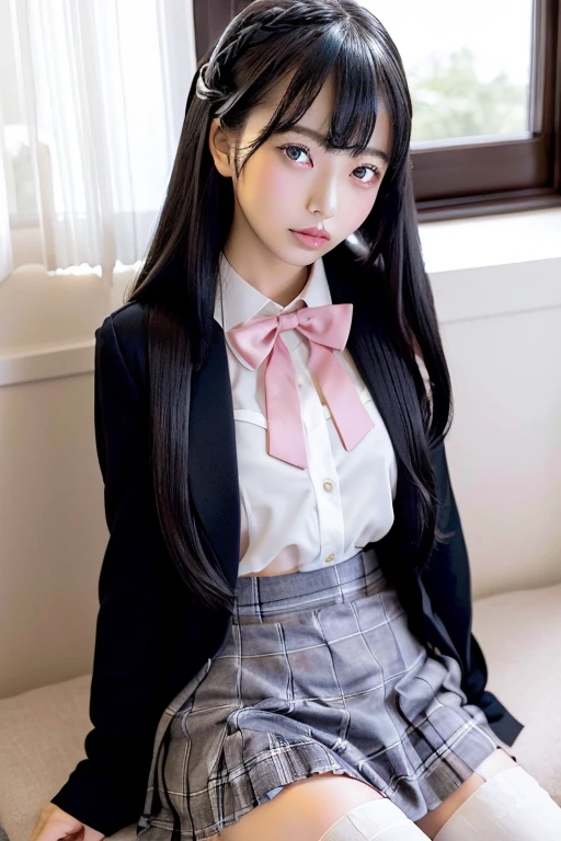   Masterpiece  ,  top quality,  high definition ,  1 girl , Alone, Tsukino Mito,  long hair,  Virtual YouTuber,  skirt,  knee-high,  black hair ,  jacket,  blazer, black  jacket,  hair clip,  hair ornament , white  knee-high, bangs,  woven , pleated  skirt, pink 弓,  school uniforms, 弓tie, very  long hair,  Long Sleeve ,  shirt, collared  shirt, white  shirt,  blue eyes, Pink bow tie, Check pattern  skirt, Check pattern, black  skirt, mini skirt, barefoot,  Japanese-style room、On the tatami(Contemptuous face:1.1), (frown:1.2), ( skirt lift:1.3), white_ panties,( sits with her knees bent ),(( spread legs)),  skirtをめくる, ((( panties visible))),((whiteい panties))