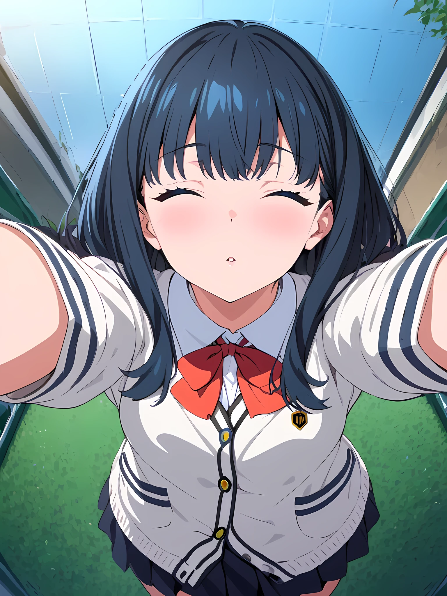 High-definition, high resolution, 8k.perfect face, perfect figure, 1 girl. solo, TaKarada rikka_ssss.GRIdMAN. parted lips, pov shot, from above, (spread arms, hands are out of frame:1.3), close up, hugging her by pov hands, incoming kiss, closed eyes, blush, closed eyes, outdoor, best quality, very aesthetic, absurdres,