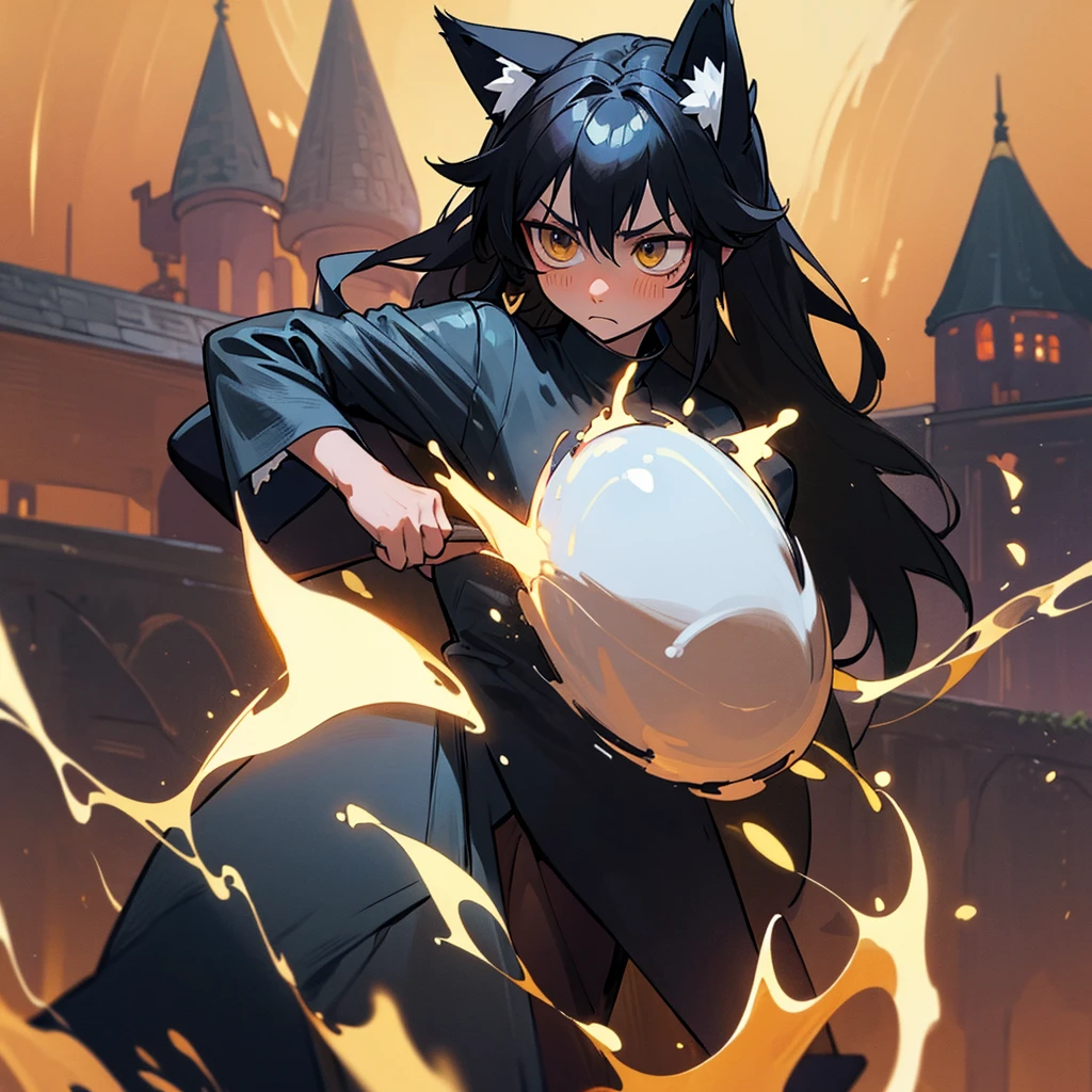 (Rimuru tempest, fox ears, black hair, masculine black business suit, short, shy, tie, golden shield) Gothic Castle Barovia