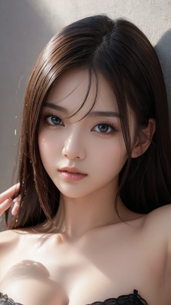 (Representative works: 1.3), (8k, Realistic, RAW Photos, Best image quality: 1.4), (20 year old beauty),Small face, Beautiful Face, (Realistic Face),Natural Makeup、light makeup、 (Dark brown, Long Hair: 1.3), Beautiful Hairstyles, Realistic eyes, Beautiful fine details, (Photorealistic Skin: 1.2), Beautiful Skin、((nude: 1.1))、Bust D cup、 Confused, charm, 超High resolution, Ultra-realistic, High resolution, Golden Ratio,、Gray background、sexy、cute,((Ahegao))、((Ecstasy face)),Sexy Lingerie