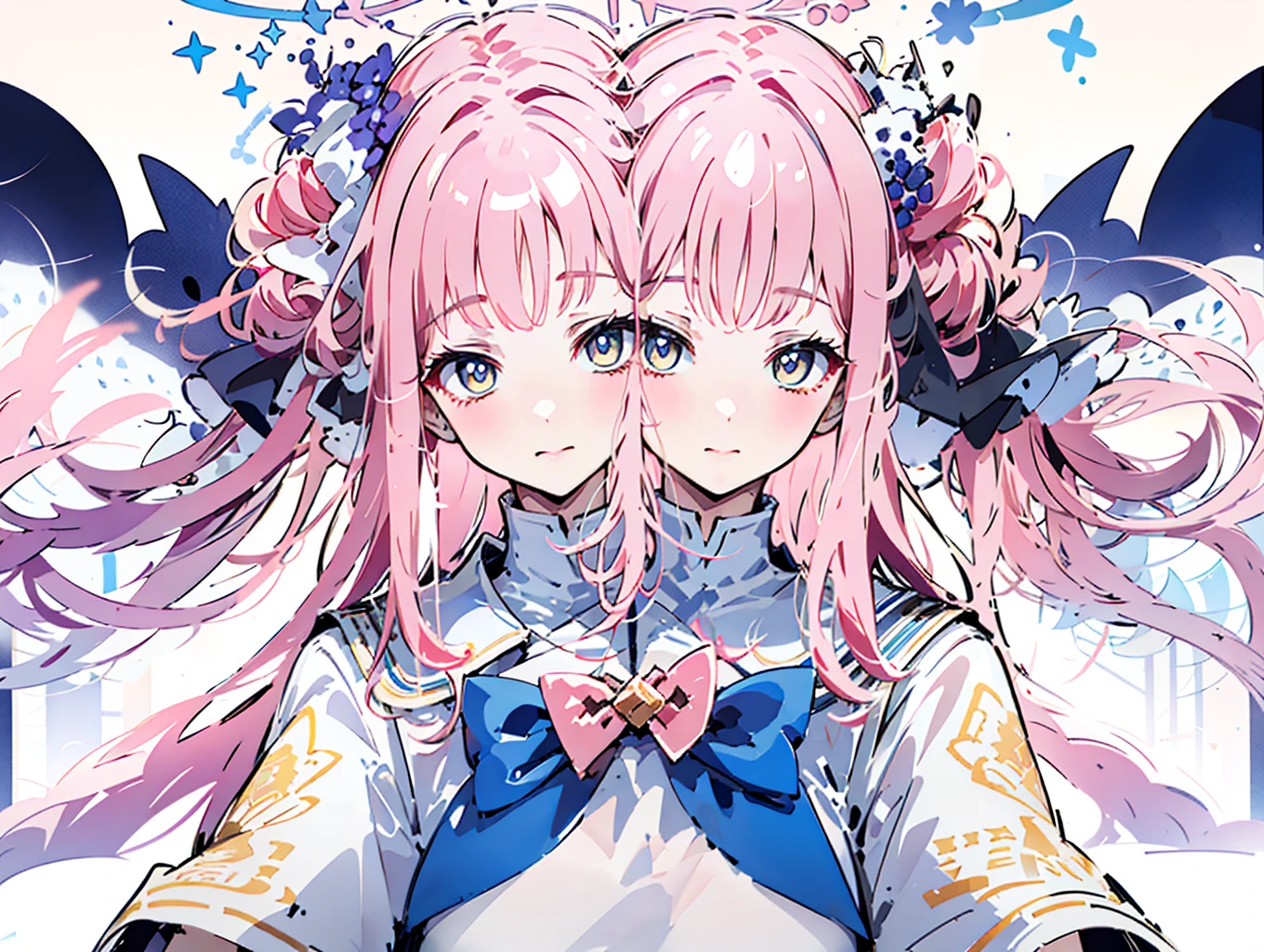 masterpiece, best quality, extremely close-up, symmetrical, mika(blue archive), 1girl, solo, (2heads:1.5), cheek-to-cheek, pink hair