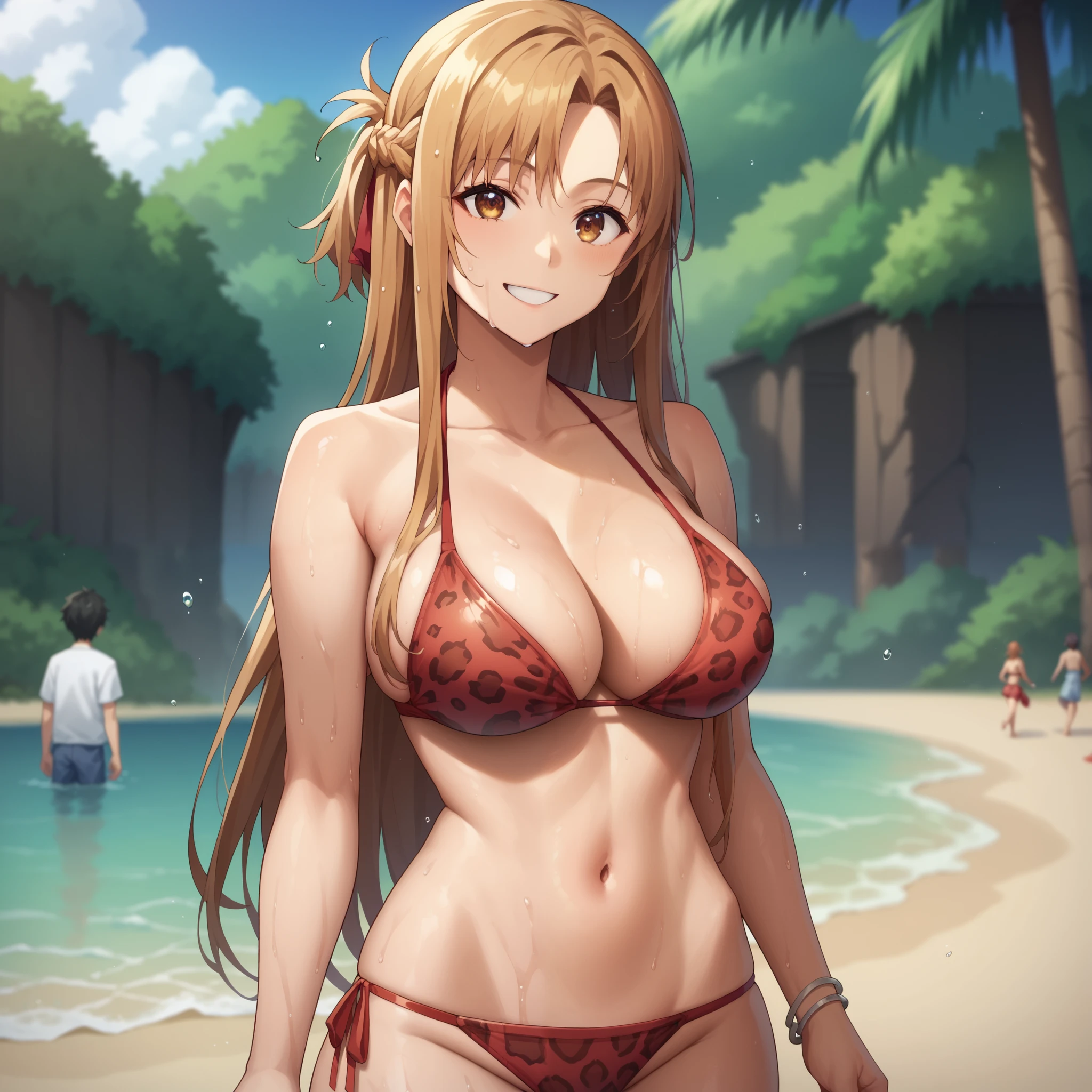  asuna yuuki  , Peo Naranjo , hazel eyes smile,  big breasts,  ,red bikini with leopard print.  is walking on a lonely beach. A Single Woman Lonely Woman . loose hair . wet body .