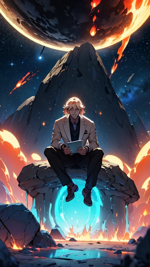 Draw a young programmer, sitting on a research platform floating in the middle of an asteroid belt. He is studying with a notebook, surrounded by several asteroids glowing with fiery auras. Dramatic lighting from distant stars and planets illuminates the scene, casting deep shadows on the suit. The young man looks confident and determined, looking at the vast and mysterious universe with wonder and respect,facial hair, cowboy shot,