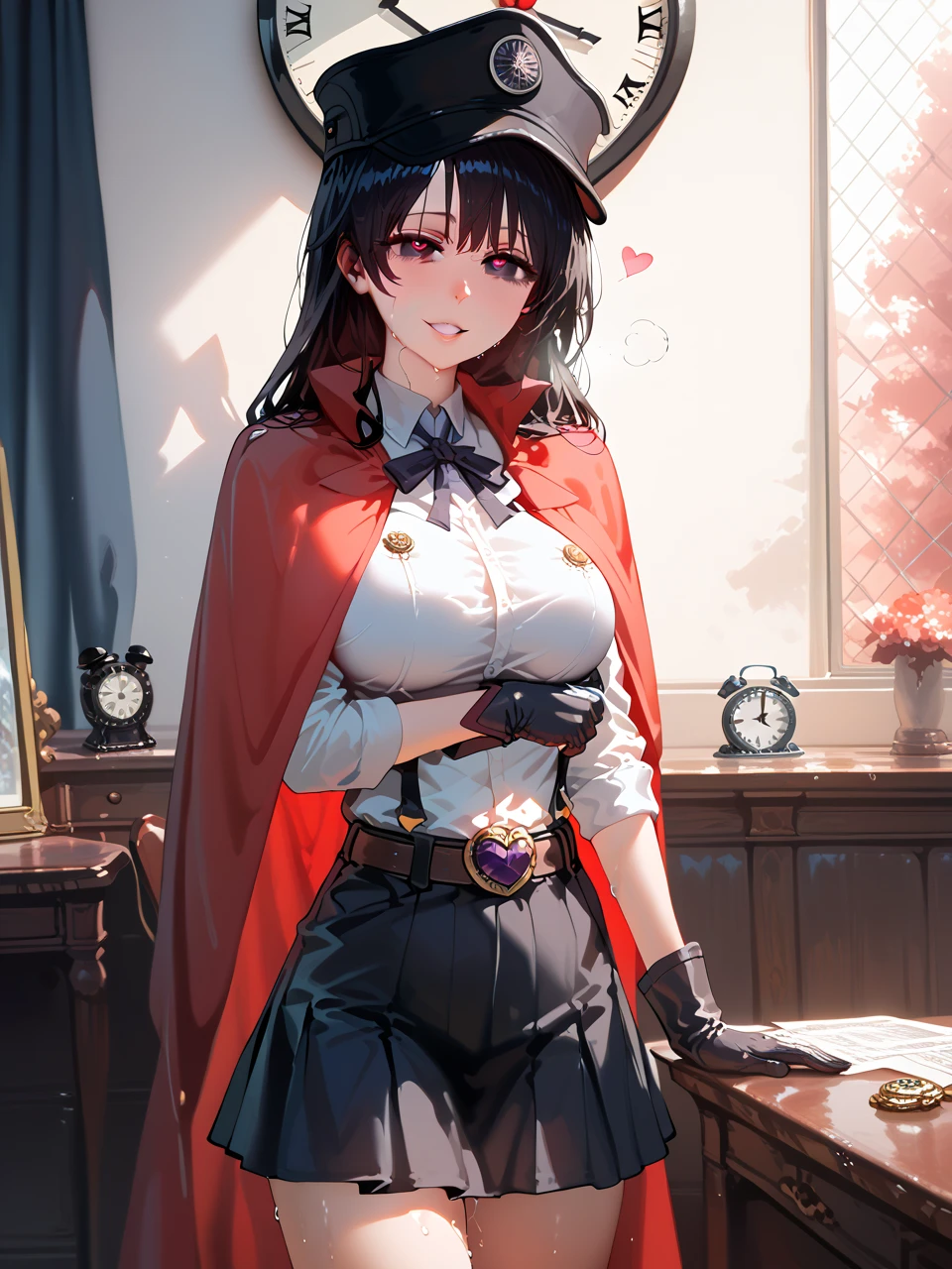         top quality,         top quality,      high quality pictures       ,     Masterpiece   ,          Ultra high resolution   ,         detailed background ,         absurd,       perfect anatomy     ,         performance   ,  good lighting ,     Photo Gallery     ,         1 girl, 、basterbine,  long hair,  black hair , ( dark eyes:1.5), (medium breast:1.2), Breaking skirt,  gloves,  boots, belt,  cape,  clock, white  clock,  have ,  cap、 huge breasts、Sweaty body、Moving lines、  orgasm、 Seductive Smile , Hearts in eyes, 