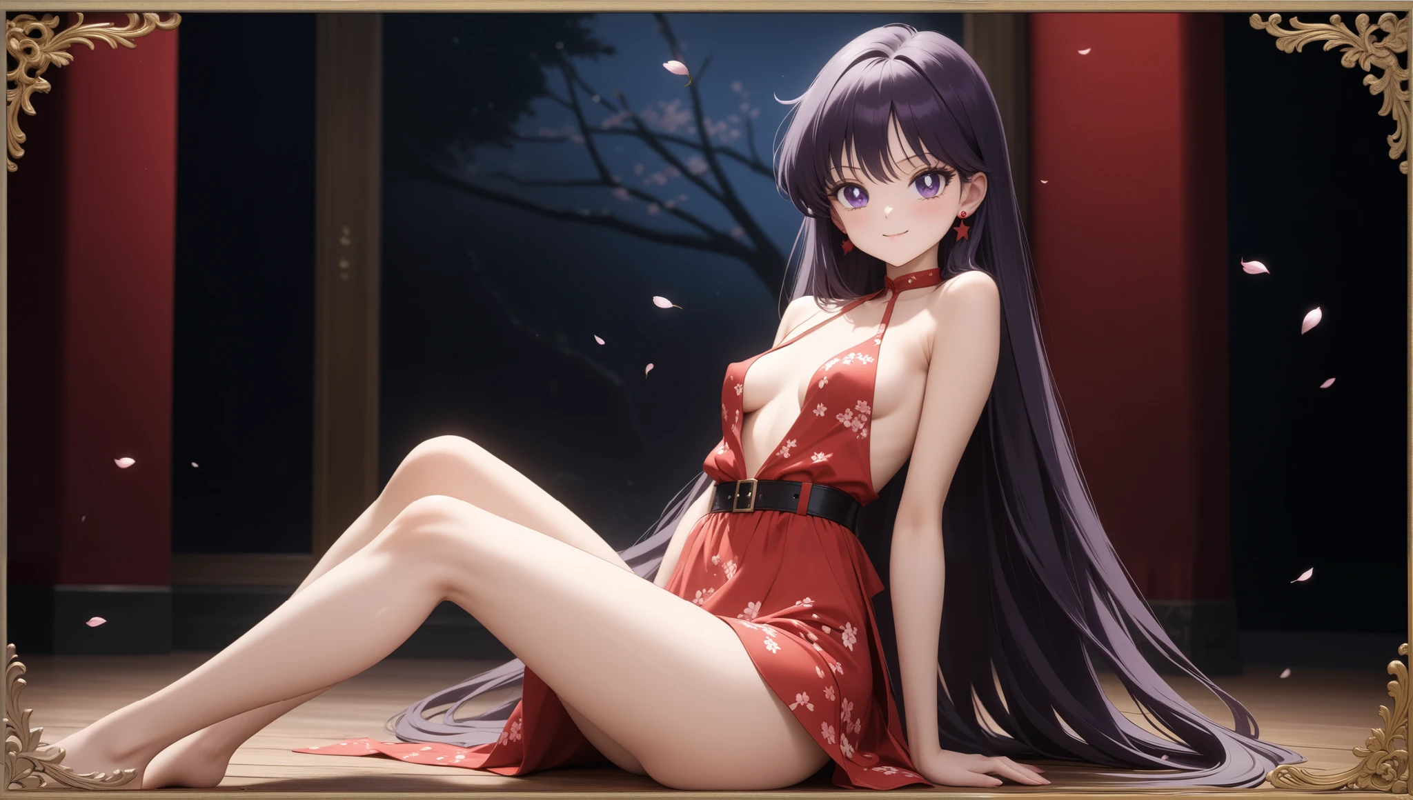 (masterpiece, best quality, very aesthetic , ultra detailed), intriguing details , 4K, long hair, black hair, hair combed to the side, earrings, purple eyes, small breast, 1girl, birthday, cute red dress with neck, white cherry blossoms printed, smile, black belt, detailed background, intricate details, black night, Various sexy poses, Depicts the whole body, sitting on the floor, photo borders