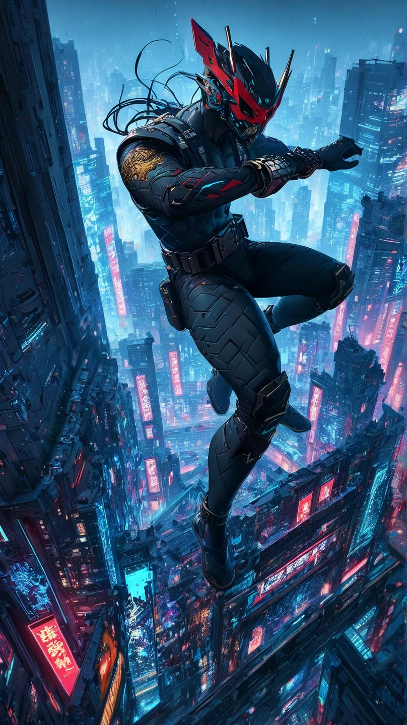  A male ninja is sitting on a city ledge,  cyberpunk art ，Created by Eddie Mendoza , Trending on CGSociety,  Digital Art, Tights , Strong body for men，mask.Headgear .Masked.Jumpsuit.stealth suit ,  is covered by a suit,  detailed figure , The human body , Future Technology City Background, Sitting on the roof,  Hero Pose Colorful City Lights , 高清4K手机wallpaper, 手机wallpaper,  The background is a city , No text, 惊人的wallpaper.Headgear .封閉的mask.（“ Tights，,("leggings
Full body image .  a modern and deadly ninja warrior  ,  wearing tight black combat armor ， Traditional and technological elements  .  He wears a ninja suit with metal details  ,  that combines his shoulders and forearms  ,  and a belt with a golden dragon emblem  . ， , ,   . .  Your posture reflects the perfection of a well-trained ninja  ,  muscular ，Well-proportioned body ,  dragon patterns on the blade  .  with red details  ,  his tall boots  ,  reflect speed and strength  ,  reveal his sight ， cleverly highlight  .  He is also wearing tight gloves with knuckle pads, sleeveless armor, and metal wrist braces.( Perfect Picture  )(Epic Image)(4k images)(  Many special effects  )( wallpaper )( video games )