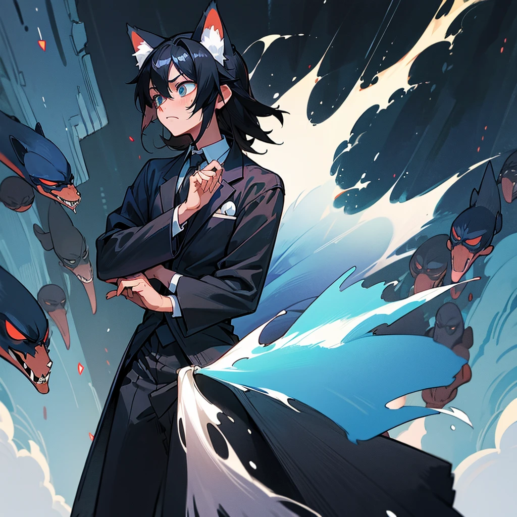 (Rimuru tempest, fox ears, black hair, masculine black business suit, short, shy, tie) in a castle on barovia