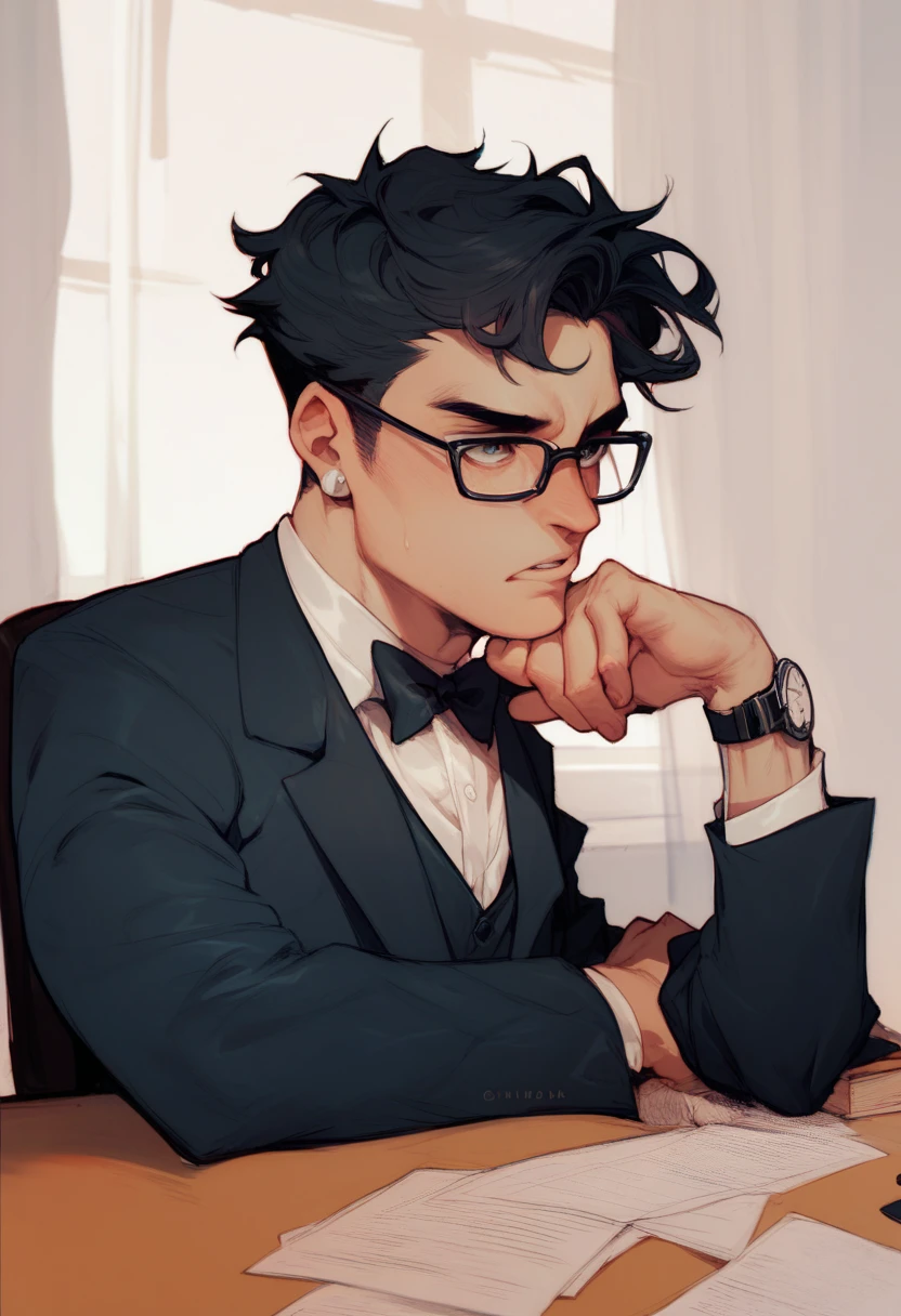 Scoce_9, Score_8, Score_7, 1man, solo, pale skin, glasses, tuxedo, watch, short black hair, office
