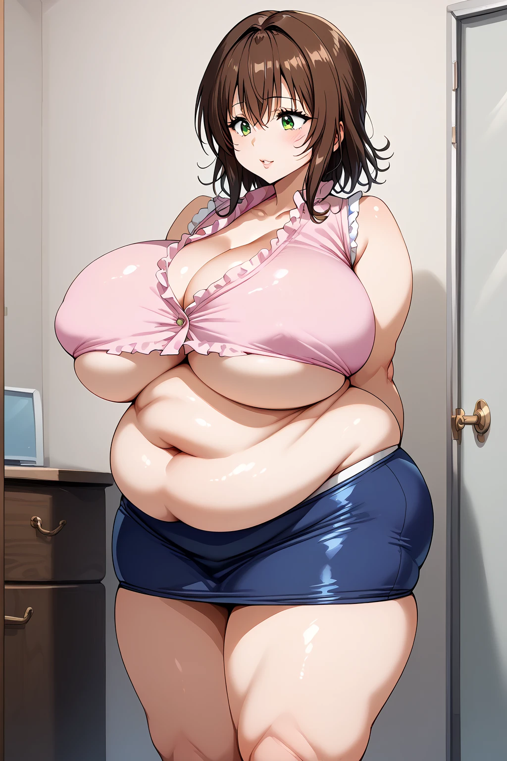 Woman wearing a white sports bra((From before)),Brown Hair,Light brown eyes,Twin tails,thick-boned,In bed,Beautiful curves,Medium Hair,Curvaceous body,Blushed,Smooth thick thighs,Obese!!,Chubby!!,Chubby!!,No sleeve,Sweat,vapor,Armpit hair,