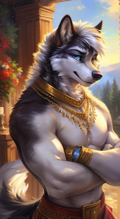 (author:Hioshiro and Kenket and Dimwitdog, Michael & Inessa Garmash, ruanjia, pino daeni, Chunie), Solo, anthro, Male, (white bear), ((intricate detail fluffy fur texture)), Blue mane, pinup, (Blue eyes) , Blue thick eyebrows,chest tuft, ((wears)), digigrade, (Tail), Handsome, Cinematic, Solo, (musculature), (shaded), (Detailed eyes):1.2, ((busts)), Chubby,Sensual,musculature,Shirtless,blue fundoshi,Religious motifs,Gold necklace with gemstone pendant,mysterious smile
