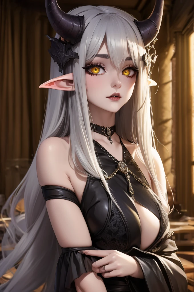 A close-up of a woman with horns and a necklace, Tiefling, DND Portrait eines Tieflings, Tiefling von D & d, Tiefling-Hexenmeisterin, Seductive Druid Tiefling, Attraktiver Tiefling-Druide, Kosmischer Tiefling D&d, Schurken-Tiefling, Portrait of a female demon, Portrait of a Demon Girl, Blauer Tiefling, Succubus bonito, White hair, Weihnachten, X-mas , Christmas, Snow, schnee, Weihnachtsmütze