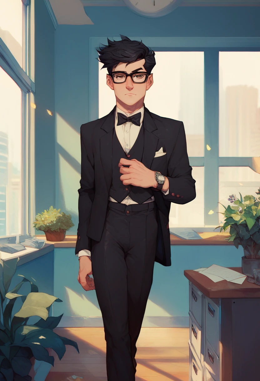 Scoce_9, Score_8, Score_7, 1man, solo, pale skin, glasses, tuxedo, watch, short black hair, office, standing, window planes
