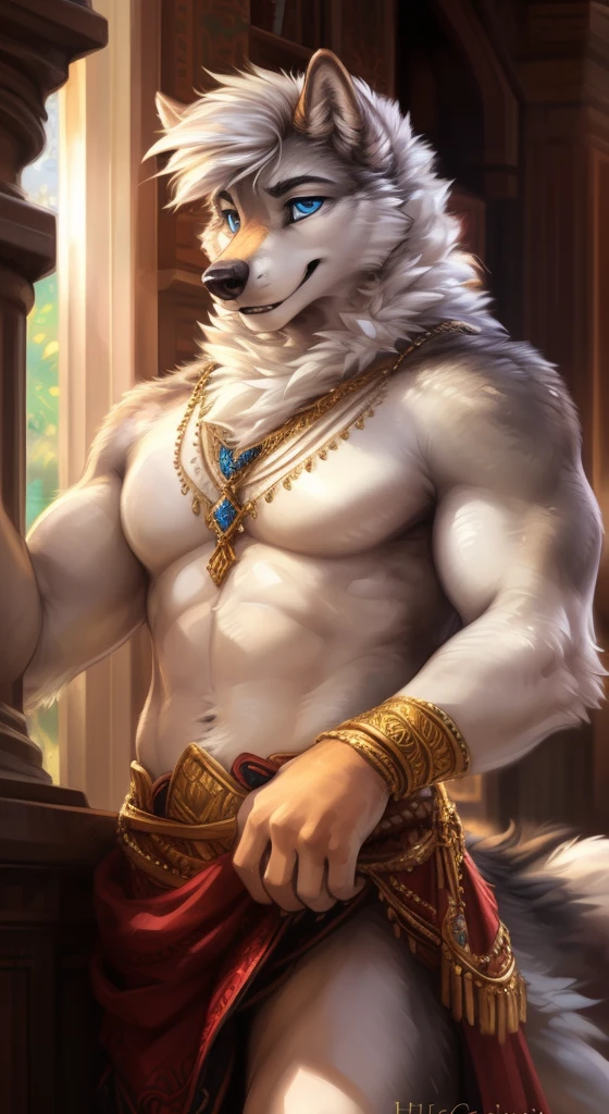 (author：Hioshiro and Kenket and Dimwitdog, Michael &amp; Inessa Garmash, ruanjia, pino daeni, Chunie), Solo, anthro, Male, (white dragon), ((intricate detail fluffy fur texture)), White mane, pinup, (Red eyes) , White thick eyebrows，chest tuft, ((wears)), digigrade, (Tail), Handsome, Cinematic, Solo, (musculature), (shaded), (Detailed eyes):1.2, ((busts)), Chubby，Sensual，musculature，Shirtless，blue speedo，Religious motifs，Gold necklace with gemstone pendant，mysterious smile, bulge