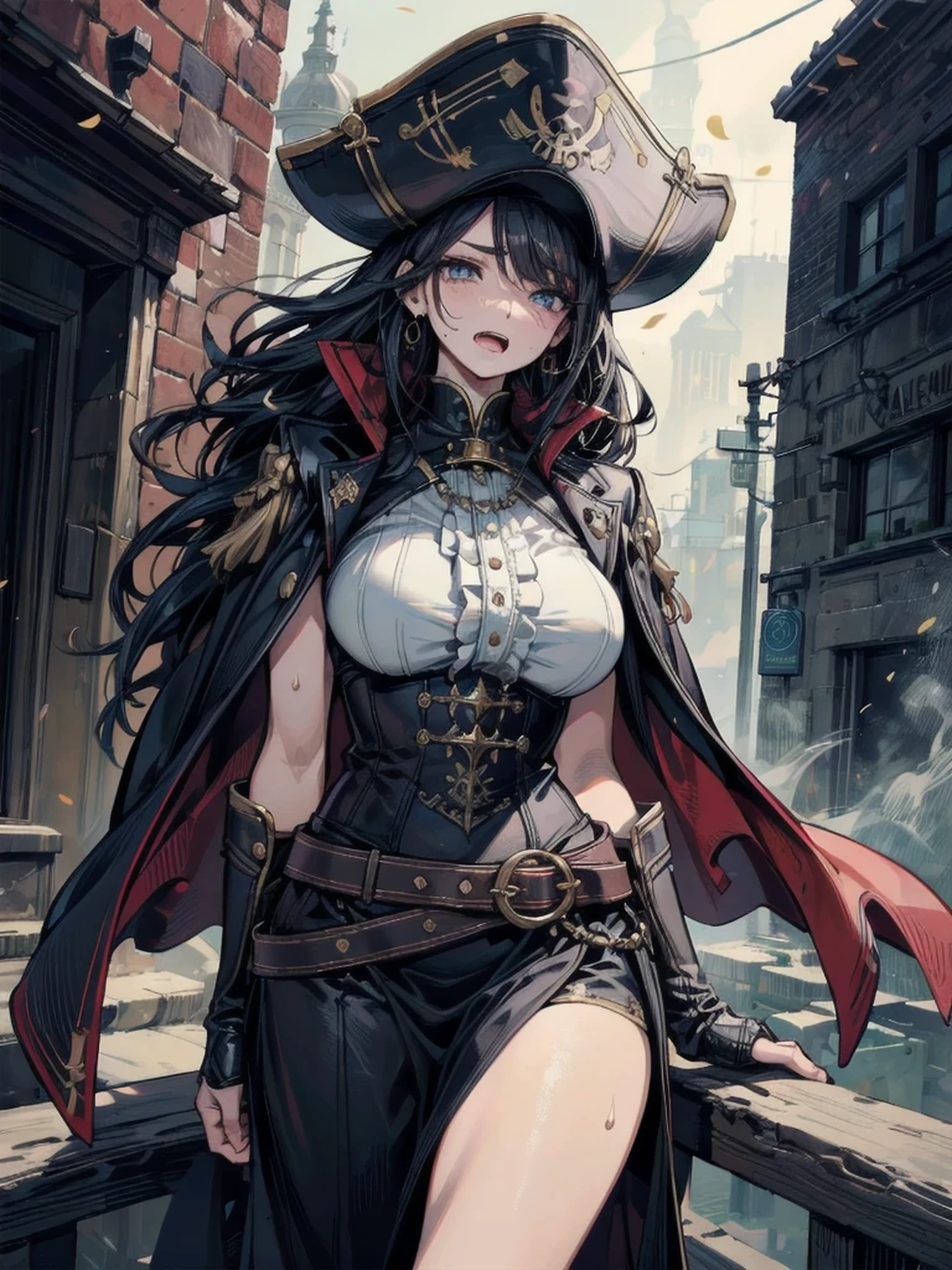 (1girl), black hair, extremely long hair, yellow eyes, ((((muscular)))), (huge breasts), (thick thighs), solo, angry, (pale skin), cowboy shot, (witch)
