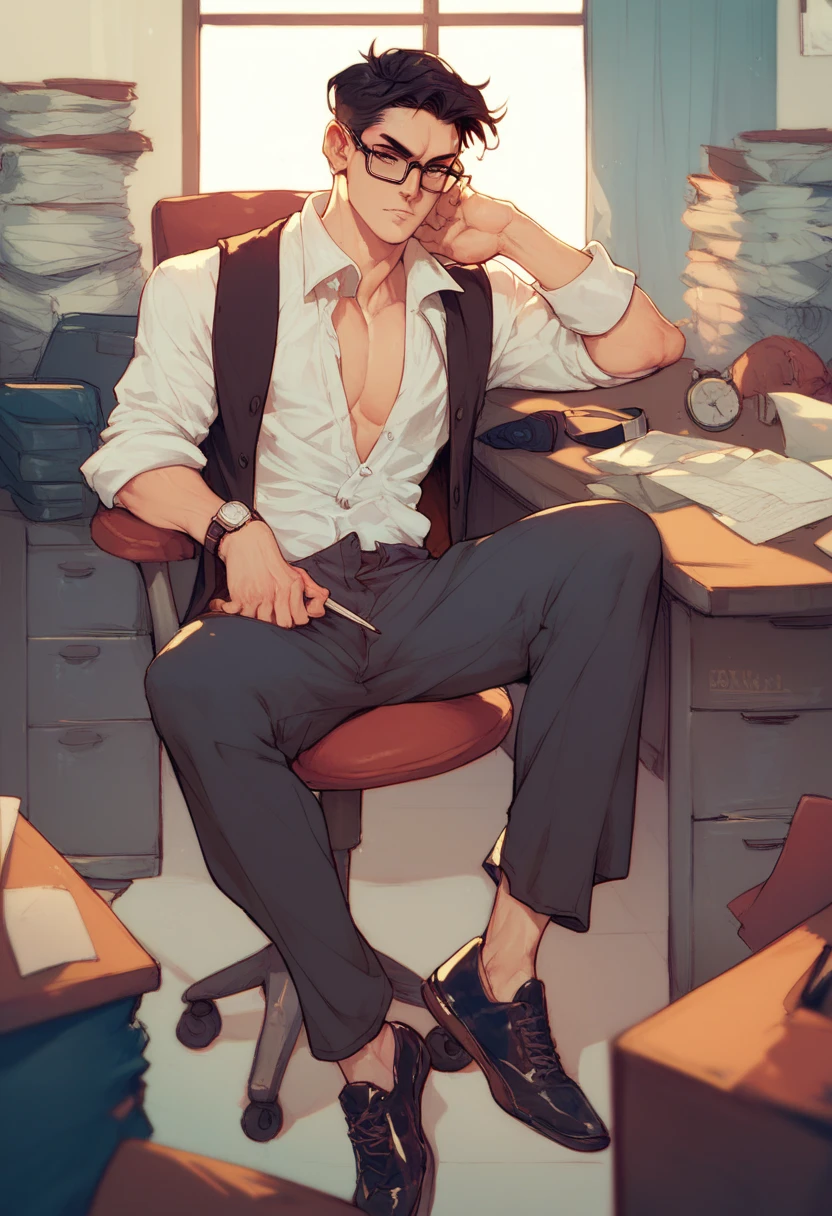 Scoce_9, Score_8, Score_7, 1man, solo, pale skin, glasses, vest, buttoned shirt, rolled up sleeves, dress pants, dress shoes, watch, short black hair, office
