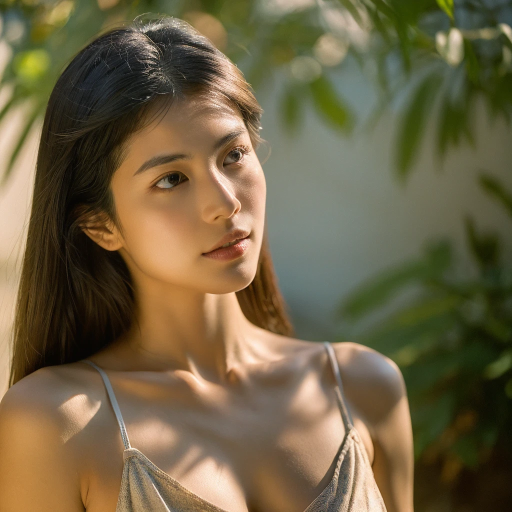 A hyper-realistic image of a single Japanese woman in her early 20s, captured with the nostalgic warmth and subtle graininess of a film camera. Her skin has a warm beige tone with a natural, slightly rough texture that includes visible pores, fine lines, and subtle imperfections such as small blemishes, adding to the authenticity of her appearance. The soft, diffused natural light enhances the film-like quality, casting gentle shadows that create a timeless, organic feel. Her straight, glossy black hair frames her face in a natural, slightly tousled manner, and her deep brown eyes reflect the ambient light, adding depth and emotion. The film camera effect introduces a slight grain and a softer focus, giving the image a warm, nostalgic atmosphere while maintaining the realistic texture of her skin. She is dressed simply, in a way that complements her natural beauty, with the overall composition designed to evoke a sense of genuine, understated elegance. The use of natural light, combined with the deliberately rougher texture of her skin and the film-like qualities, ensures that this image captures the imperfections that make her beauty truly lifelike, focusing solely on this one individual.She has large, ample breasts and wears only attractive, fashionable underwear, which accentuates her cleavage.almost see the nipples.Be sure to keep your eyes on us.Stylish and cute bras.
