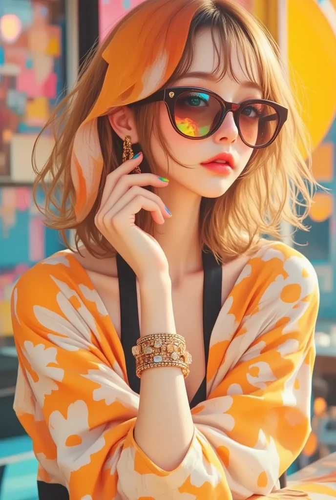 masterpiece, ultra detail,  (F cup tits), ((dynamic angle:1.8))((muscular and thick legs:1.8)). A vibrant and retro-inspired illustration of a stylish young woman lounging in a playful and colorful setting. She has wavy, strawberry blonde hair and wears oversized, big sunglasses with a glossy finish, reflecting bright summer hues. Her outfit features a bold and eclectic mix of patterns, including oversized white daisies on a vivid orange background paired with black and white stripes. Her nails are meticulously painted in vibrant rainbow colors, complementing the cheerful mood. She accessorizes with eye-catching jewelry, including gold dangling earrings in the shape of flowers and a large statement bracelet with intricate, artistic designs. The lighting is warm and radiant, highlighting the glossy textures and rich colors, evoking a playful, summery, and fashionable vibe.