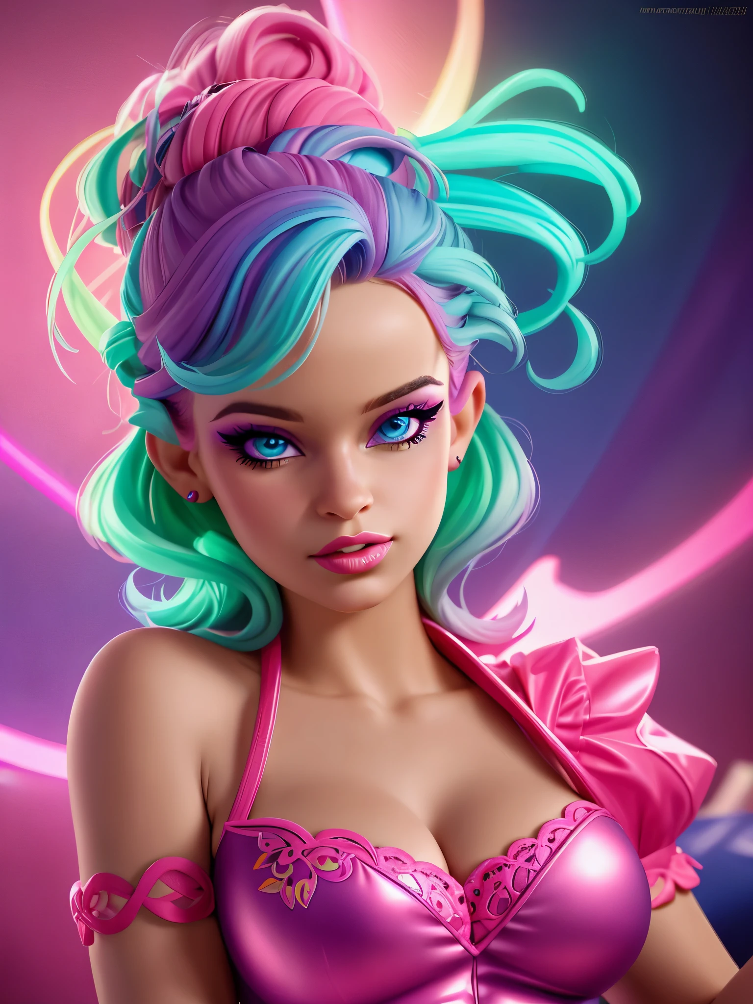 a woman in a colorful neon-lit fashion portrait, beautiful detailed eyes, beautiful detailed lips, long eyelashes, intricate hairstyle, vibrant neon colors, dramatic lighting, high fashion outfit, cinematic composition, photorealistic, 8K, hyper detailed, masterpiece, renatadaninsky