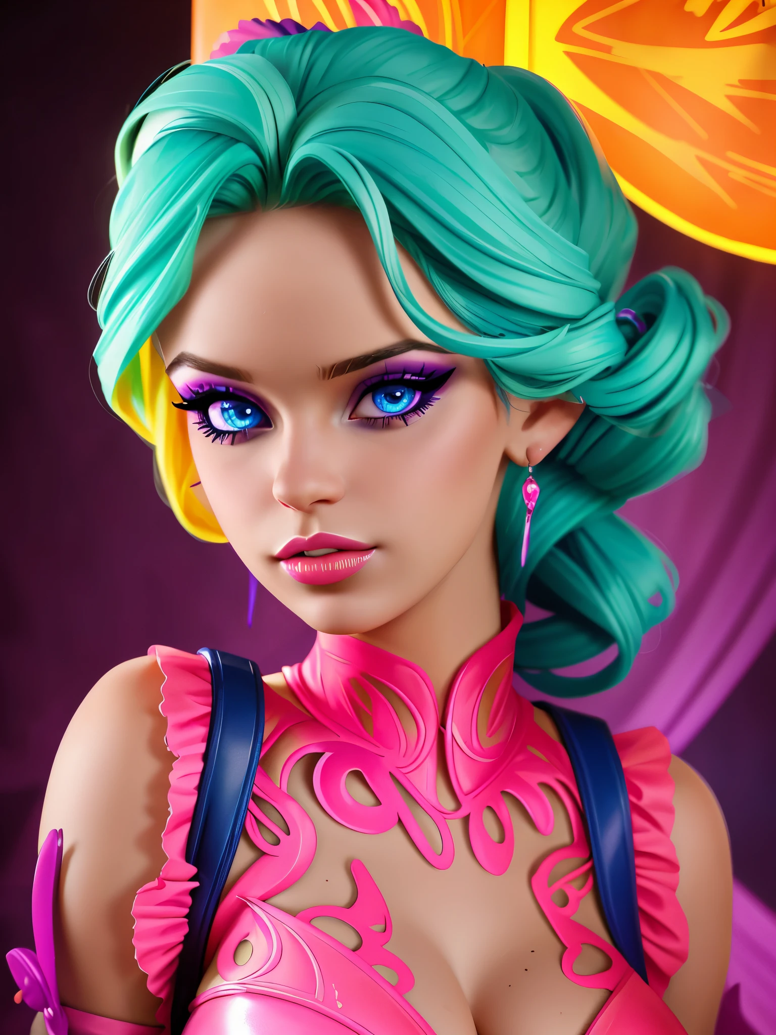 a woman in a colorful neon-lit fashion portrait, beautiful detailed eyes, beautiful detailed lips, long eyelashes, intricate hairstyle, vibrant neon colors, dramatic lighting, high fashion outfit, cinematic composition, photorealistic, 8K, hyper detailed, masterpiece, renatadaninsky