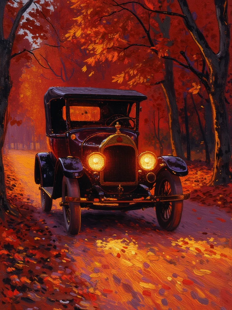 ObYouHua ,painting, The image is vivid ,  The impressionist painting depicts an autumn street scene .  Close-up of a car , Early 20th century cars,  The painting is mostly dark red , headlight on the foreground ,  projects a warm ,  Golden light.   The road underneath the car has visible gravel and dirt textures,  adds realism to the painting .