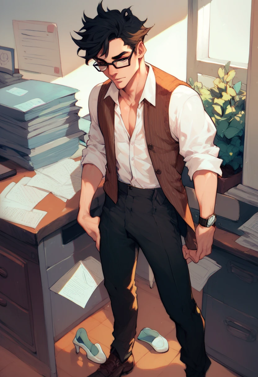 Scoce_9, Score_8, Score_7, 1man, solo, pale skin, glasses, vest, buttoned shirt, rolled up sleeves, dress pants, dress shoes, watch, short black hair, office, standing
