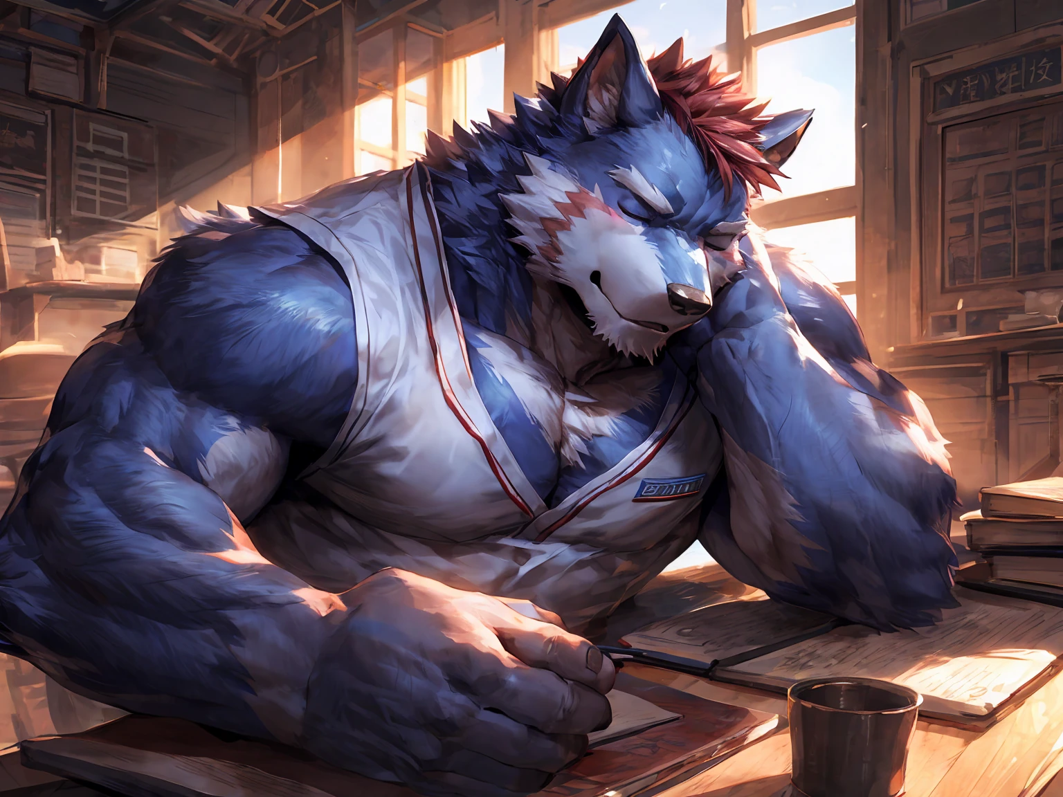 Werewolf, (Short red hair:1.2), (midnight blue toned fur:1.3), solo, sleeping on the desk during class, dozing off in clas, paw pads details, in classroom, afternoon, sit, masterpiece, (16K), HD, Various facial details, detailed background, very detailed, dynamic poses, Eyes details, high resolution, high quality, correct anatomy, cartoon, by lindong, by null-ghost, black banchō uniform, black Japanese delinquent school uniform, sleeping