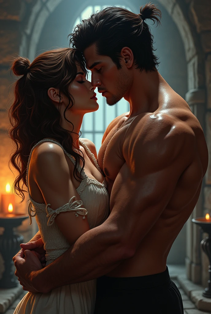 Shirtless boy kissing a sexy woman wearing a saree near a windowsill, natural light beaming through window, passionate, intensely intimate, lustful, hot, hugging tight, both blushing intensely 