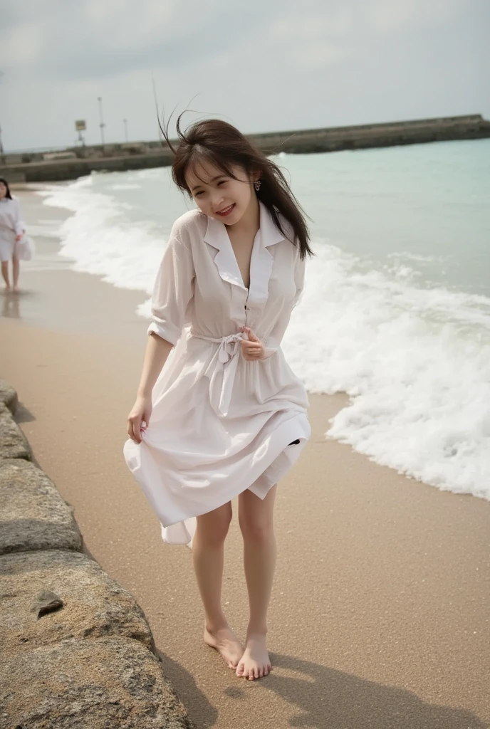   low angle shot  、  forward leaning position、  open shirt  、No underwear clothes  、  skirt flips in strong wind、  one girl 、barefoot、  beach  、smile