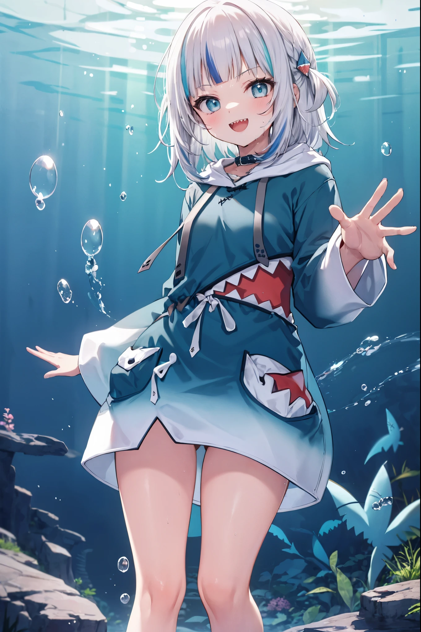 ((Gawr gura)), ((Masterpiece)), (highly saturated), from below, (High Definition:1.3), (Professional Photography:1.2), (cinematic lighting), (flat body), (flat chest), ahoge, messy hair, (blush, very naughty laugh face), (ultra detailed), (Kneeling:1.3), 1girl, (oversized blue hoodie), full body, ((Inside the aquarium)), (surrounded by colorful splashes), colorful bubble, (shining)